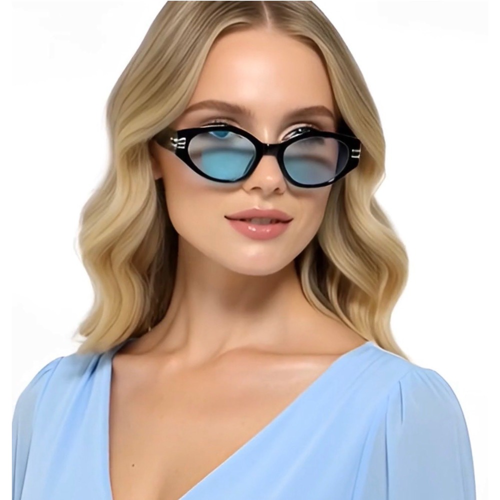 Cat Eye Sunglasses Women Fashion Trendy Designer Blue Lens Mod Style Elegant New